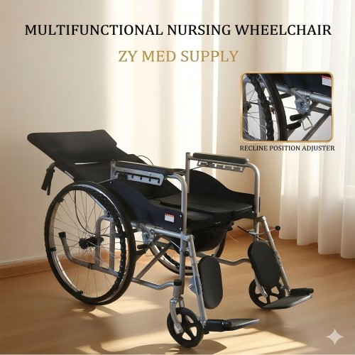 ZY-W02 - Foldable Commode Wheelchair with Reclining Back
